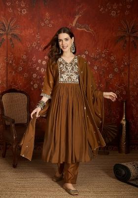 Brown Embroidered Chanderi Kurta Set