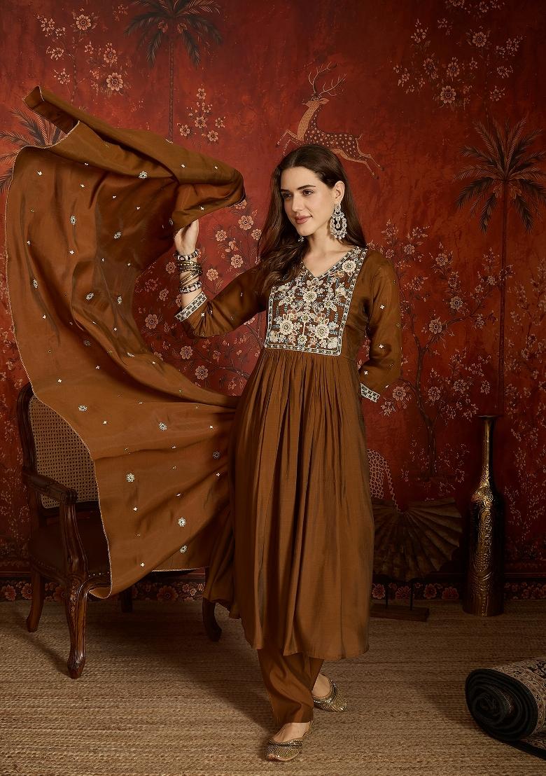 Brown Embroidered Chanderi Kurta Set - Indya
