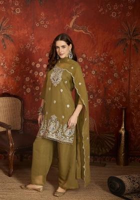 Olive Embroidered Silk Kurta Set