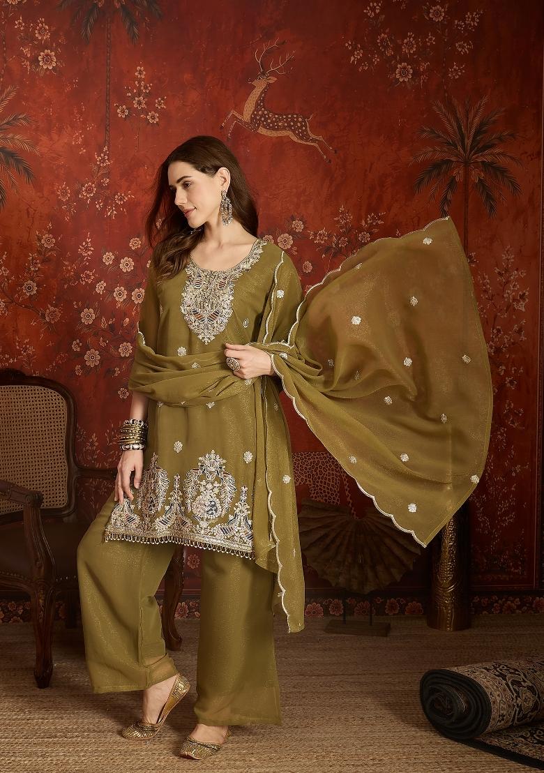 Olive Embroidered Silk Kurta Set - Indya