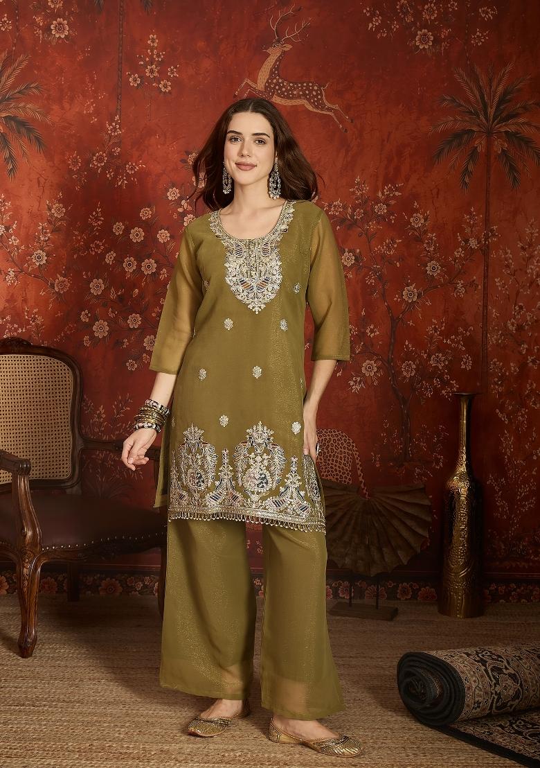 Olive Embroidered Silk Kurta Set - Indya