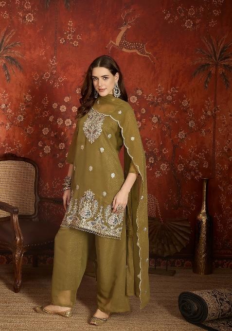 Olive Embroidered Silk Kurta Set