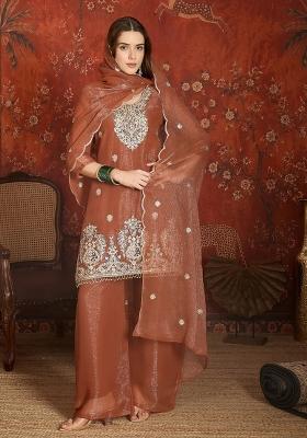 Rust Embroidered Silk Kurta Set