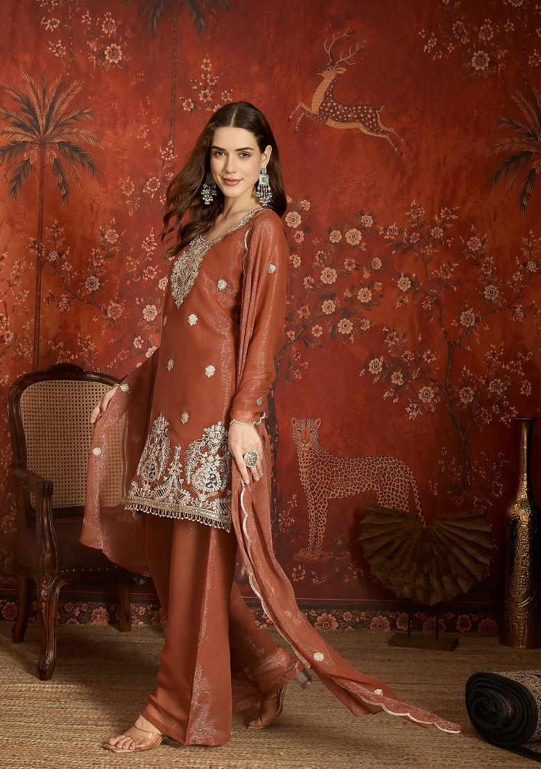 Rust Embroidered Silk Kurta Set - Indya