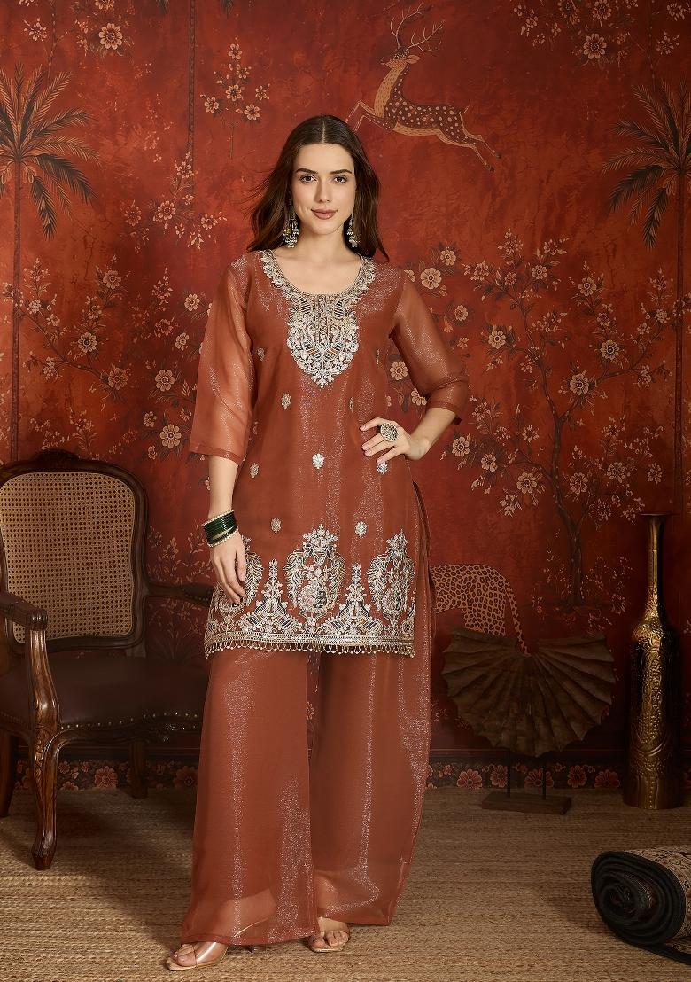 Rust Embroidered Silk Kurta Set - Indya