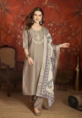 Beige Embroidered Roman Kurta Set
