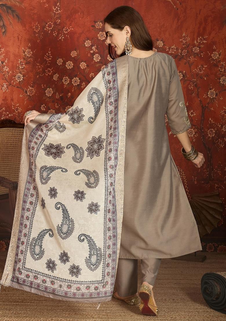 Beige Embroidered Roman Kurta Set - Indya