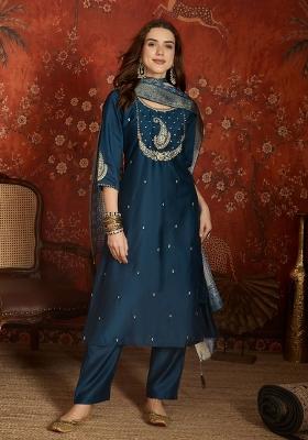 Teal Blue Embroidered Roman Kurta Set