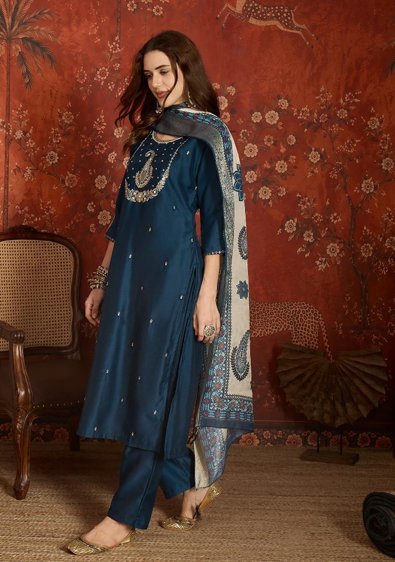 Teal Blue Embroidered Roman Kurta Set - Indya