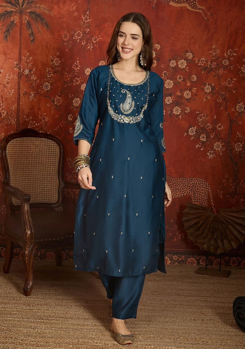 Teal Blue Embroidered Roman Kurta Set - Indya