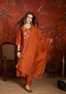 Orange Embroidered Silk Kurta Set