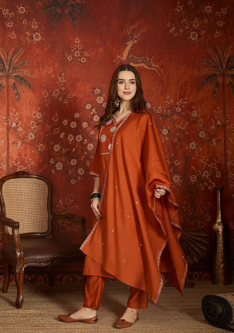 Orange Embroidered Silk Kurta Set - Indya