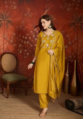 Mustard Embroidered Silk Kurta Set