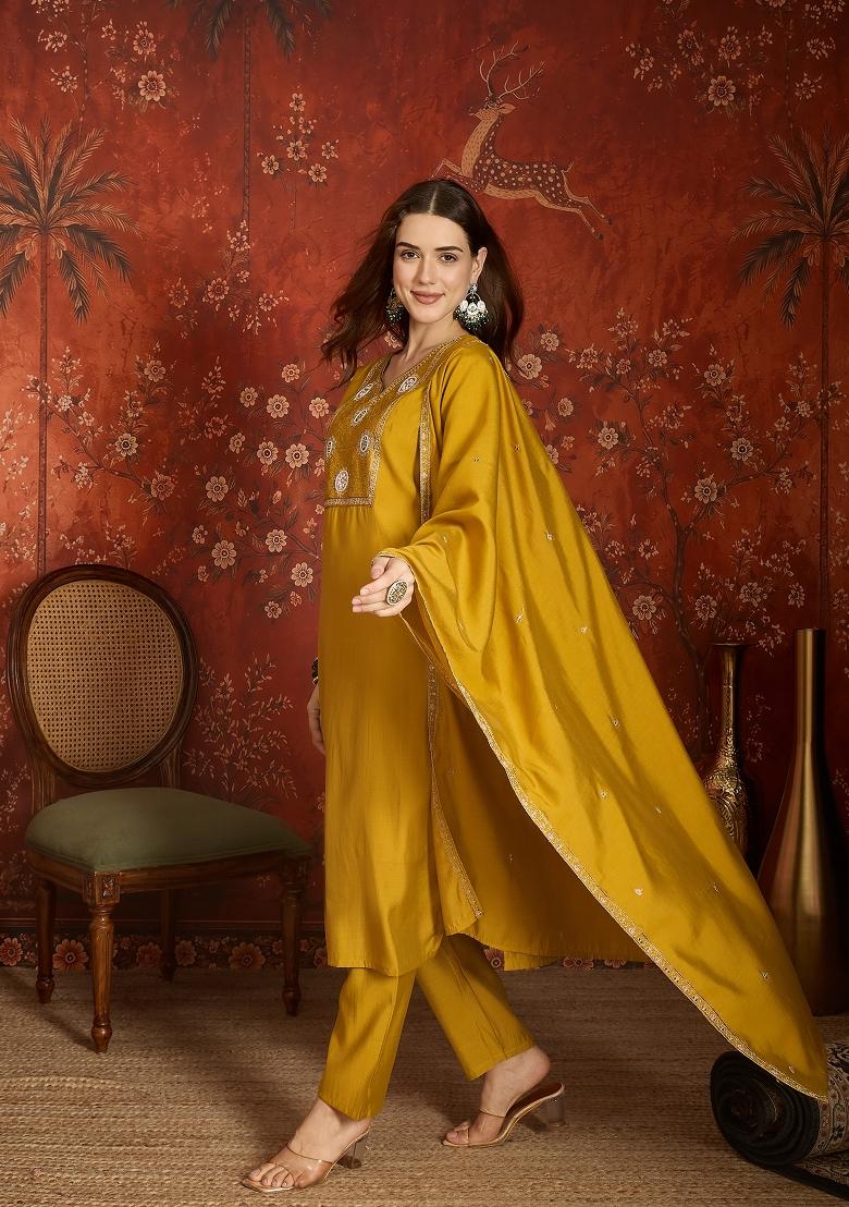 Mustard Embroidered Silk Kurta Set - Indya