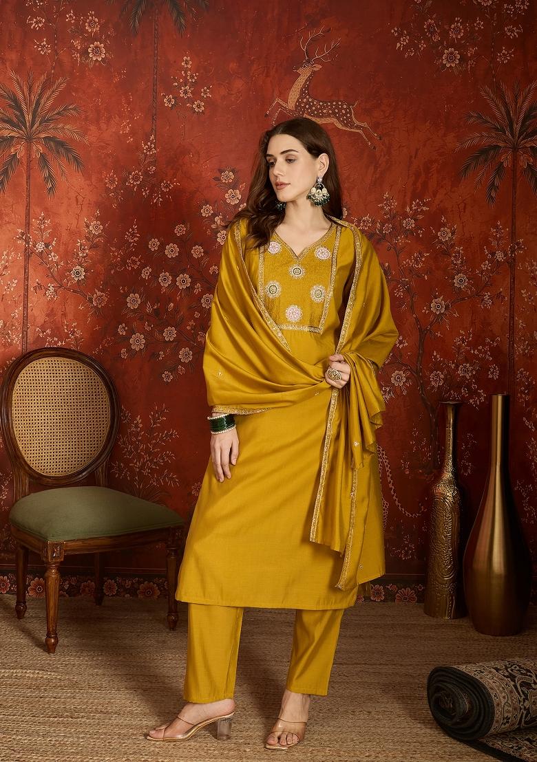 Mustard Embroidered Silk Kurta Set - Indya