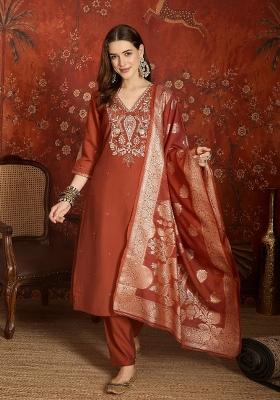 Orange Embroidered Silk Kurta Set