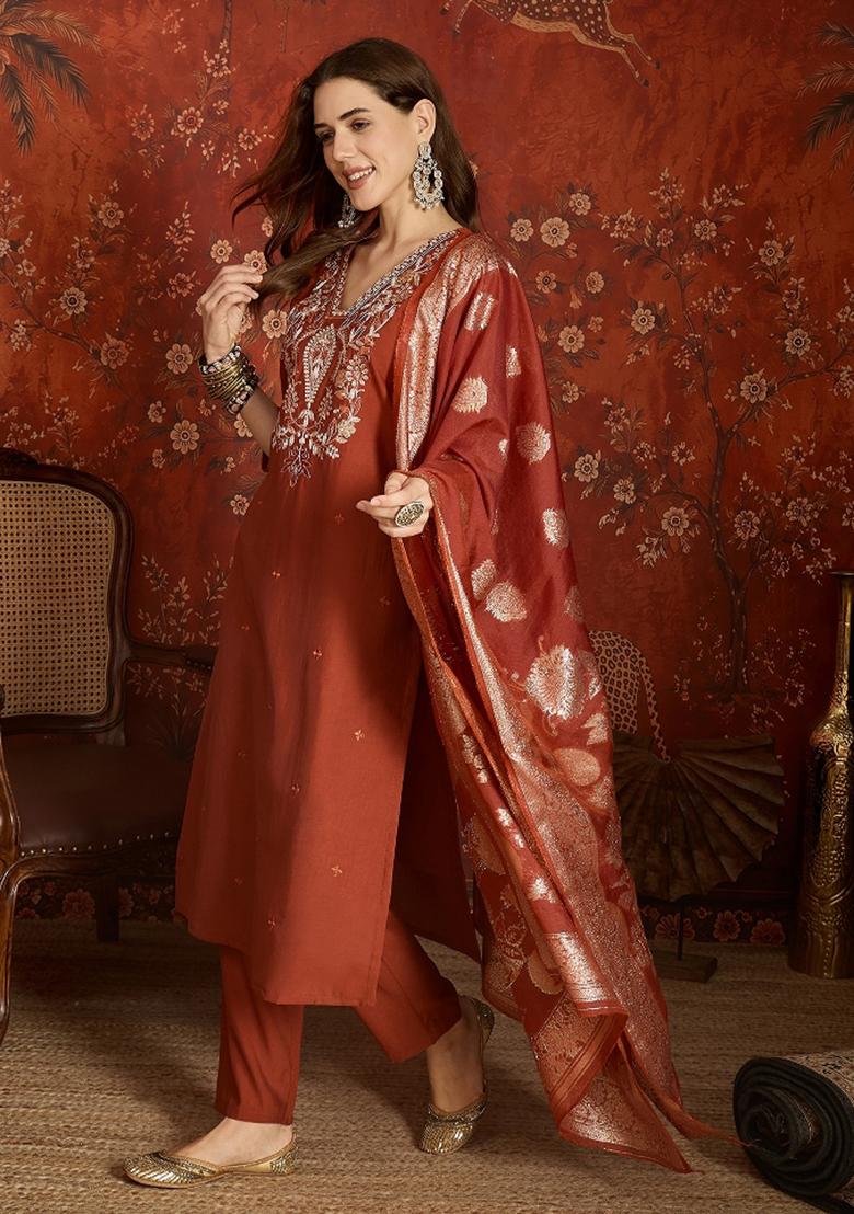 Orange Embroidered Silk Kurta Set - Indya