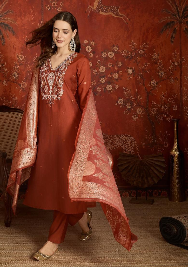 Orange Embroidered Silk Kurta Set - Indya
