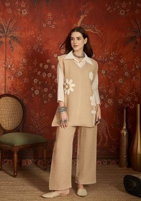 Beige And Off White Embroidered Cotton Kurta Set