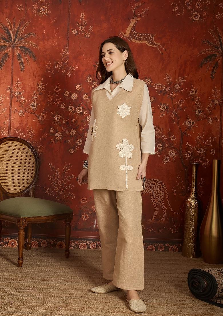 Beige And Off White Embroidered Cotton Kurta Set - Indya