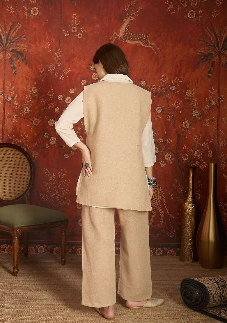 Beige And Off White Embroidered Cotton Kurta Set - Indya