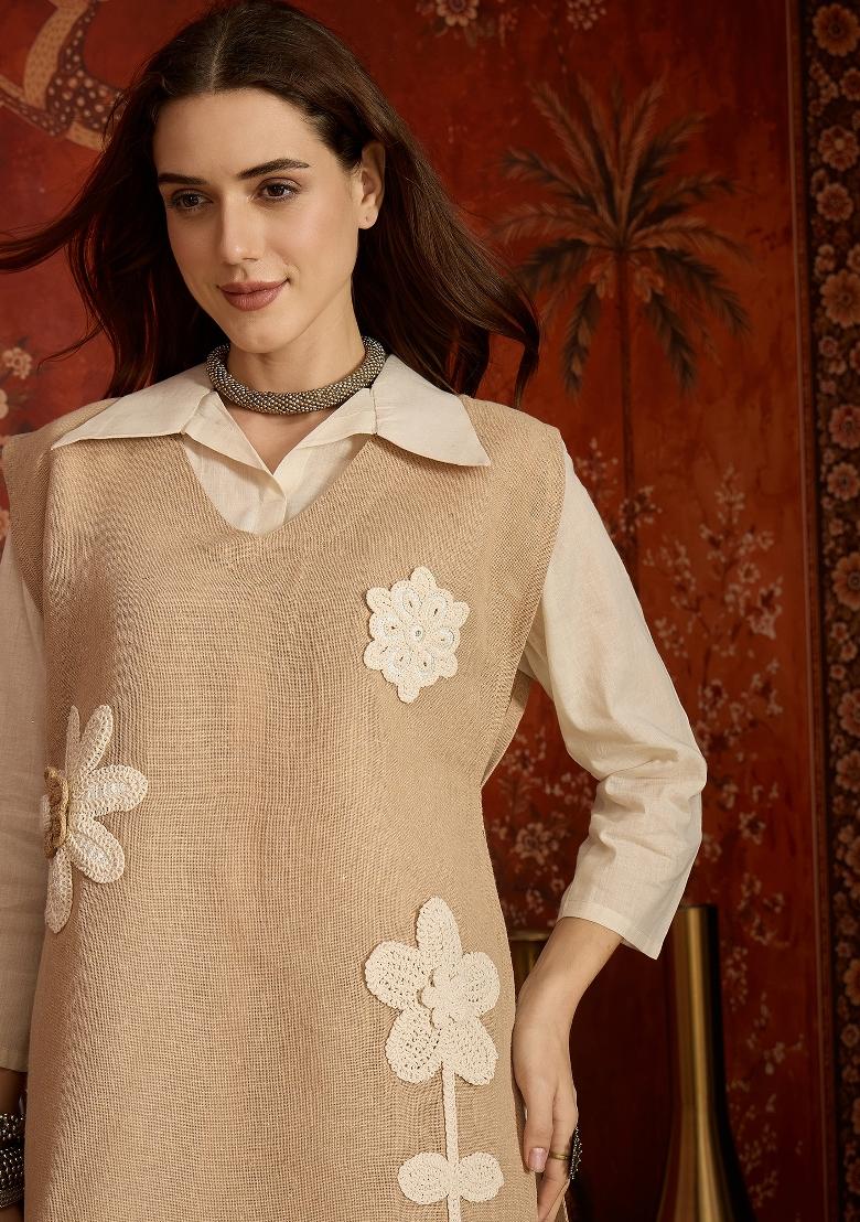 Beige And Off White Embroidered Cotton Kurta Set - Indya
