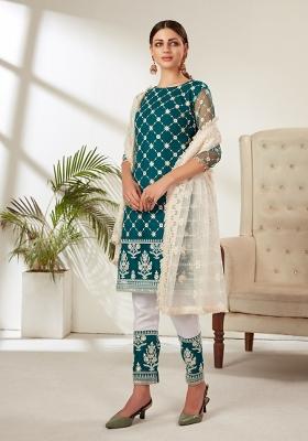 Teal Blue Embroidered Net Kurta Set