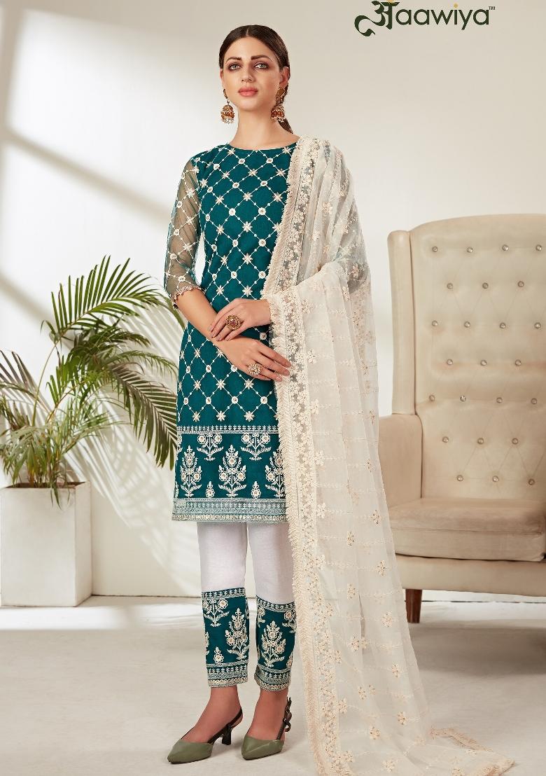 Teal Blue Embroidered Net Kurta Set - Indya