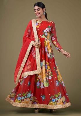 Red Printed Georgette Kurta Set