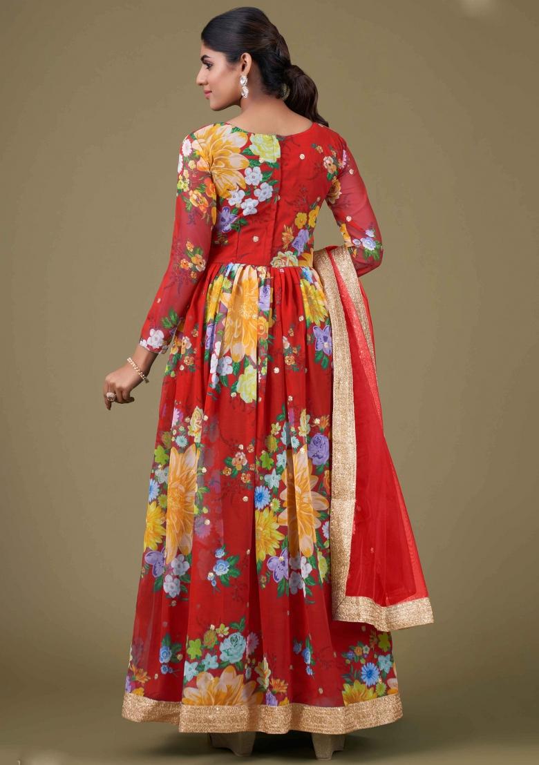 Red Printed Georgette Kurta Set - Indya