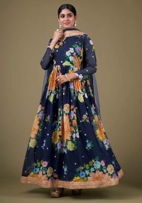 Blue Printed Georgette Kurta Set