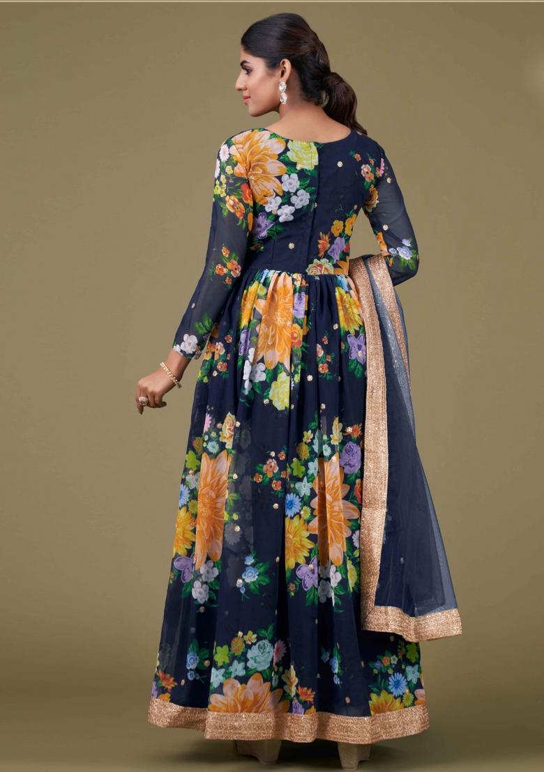 Blue Printed Georgette Kurta Set - Indya