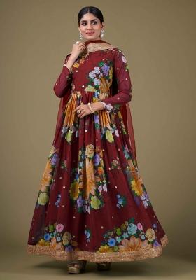 Brown Printed Georgette Kurta Set