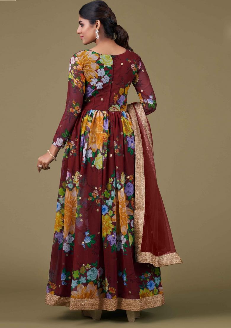 Brown Printed Georgette Kurta Set - Indya