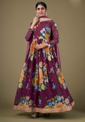Purple Printed Georgette Kurta Set