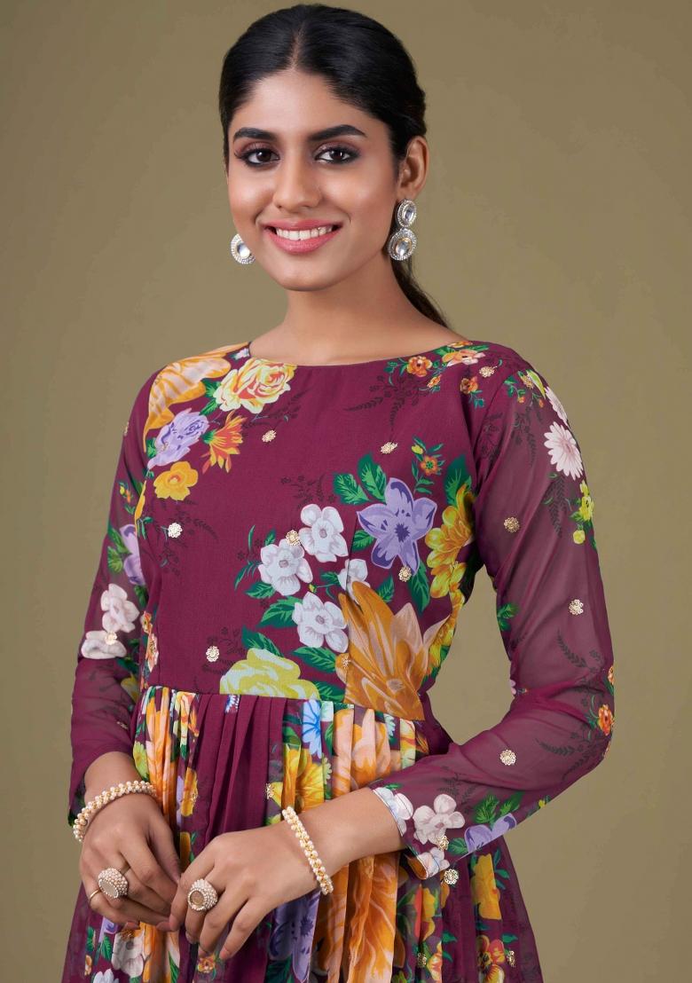 Purple Printed Georgette Kurta Set - Indya
