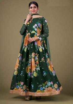 Green Printed Georgette Kurta Set