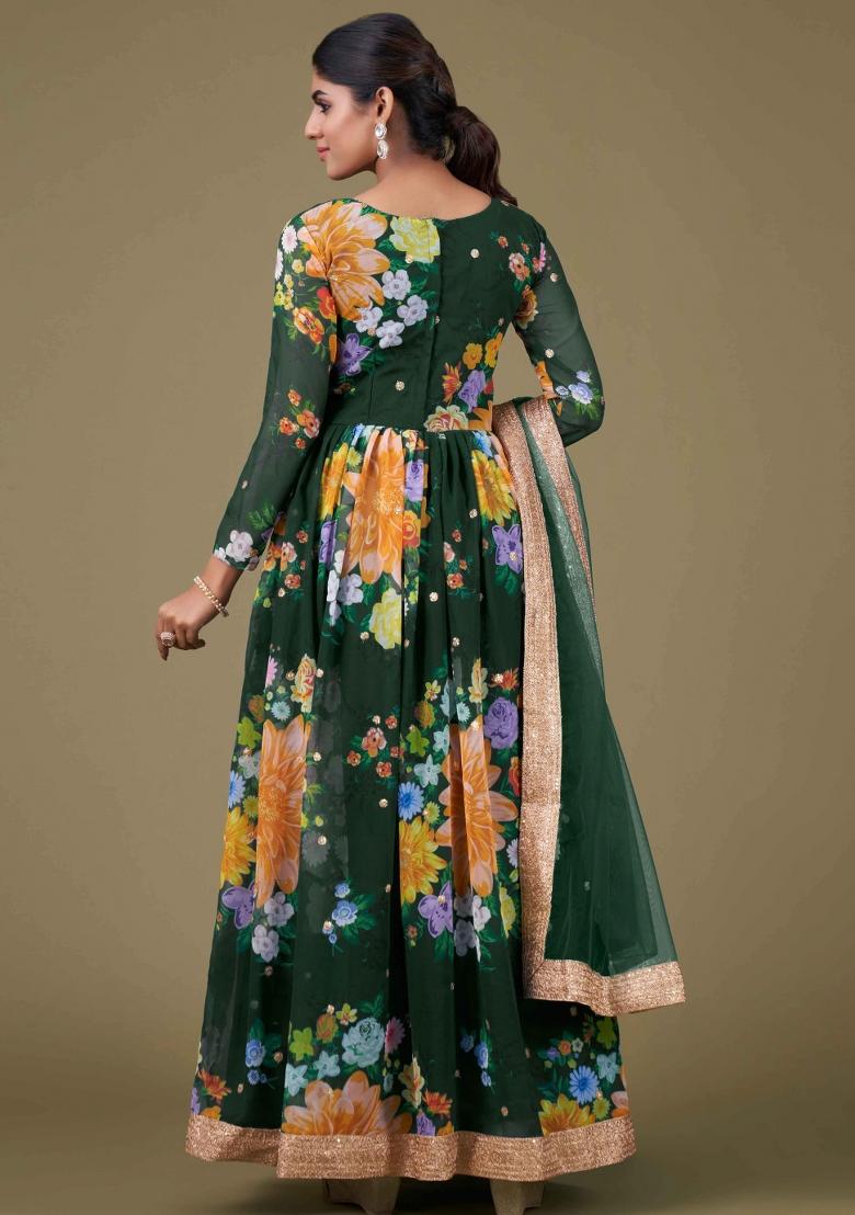 Green Printed Georgette Kurta Set - Indya