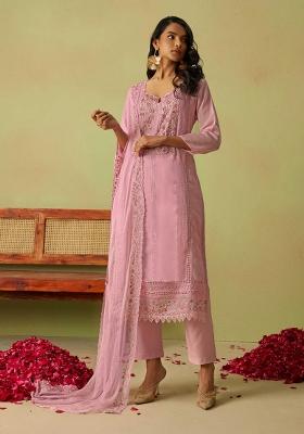Pink Embroidered Organza Kurta Set