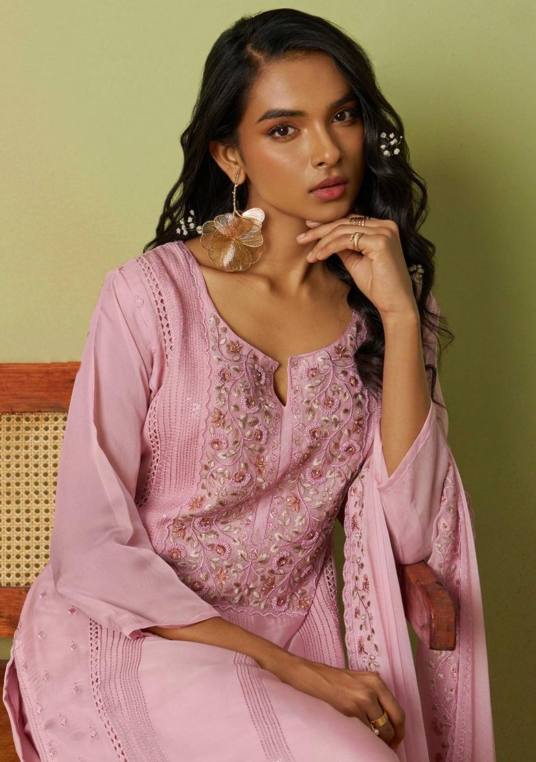 Pink Embroidered Organza Kurta Set - Indya