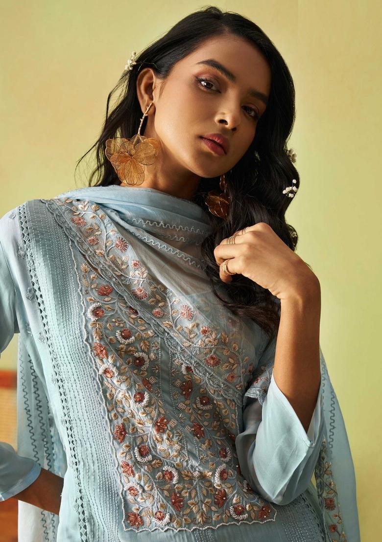 Blue Embroidered Organza Kurta Set - Indya