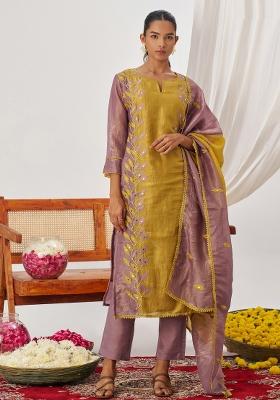 Yellow And Mauve Embroidered Crushed Kurta Set