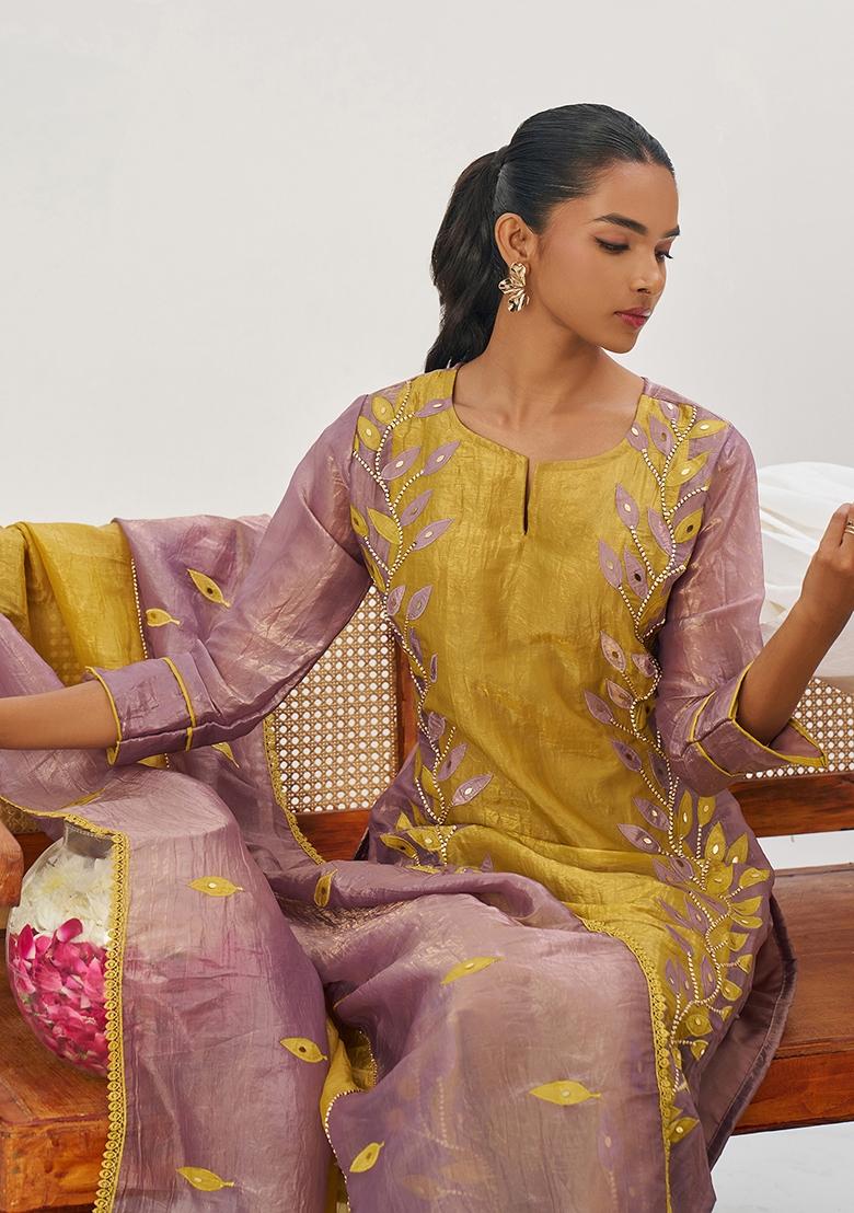 Yellow And Mauve Embroidered Crushed Kurta Set - Indya