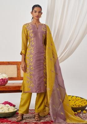 Yellow And Mauve Embroidered Crushed Kurta Set