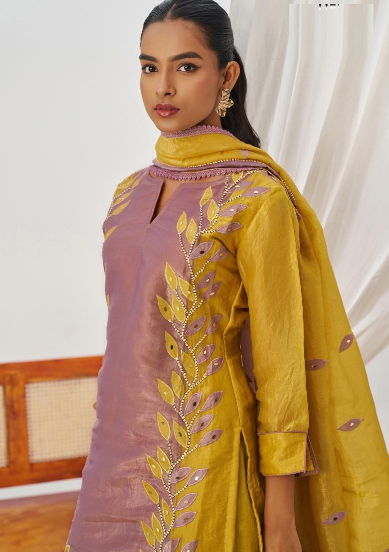Yellow And Mauve Embroidered Crushed Kurta Set - Indya