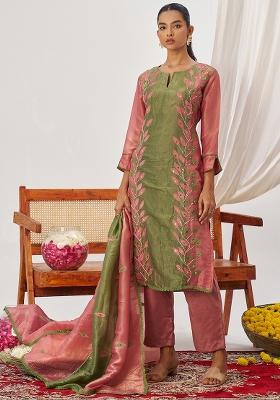 Green And Pink Embroidered Crushed Kurta Set
