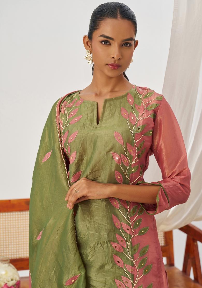 Green And Pink Embroidered Crushed Kurta Set - Indya