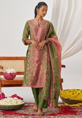 Green And Pink Embroidered Crushed Kurta Set