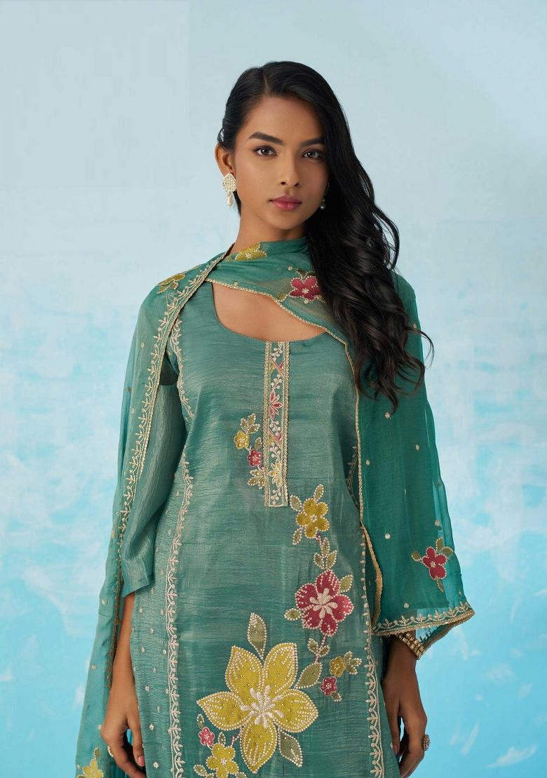 Blue Embroidered Crushed Kurta Set - Indya