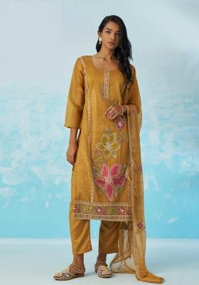 Mustard Yellow Embroidered Crushed Kurta Set